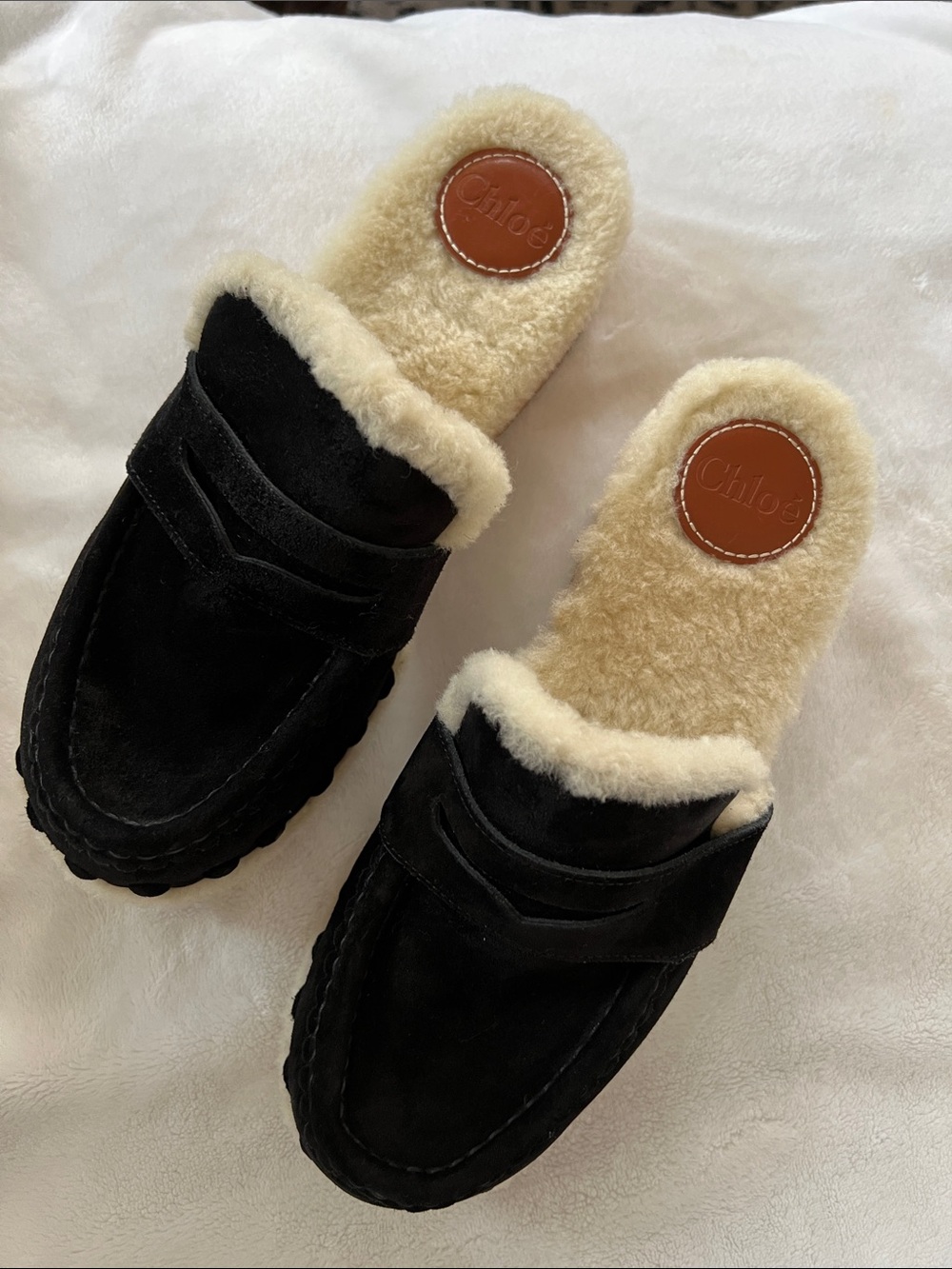 Chloe Black Suede Shearling Mule Slippers